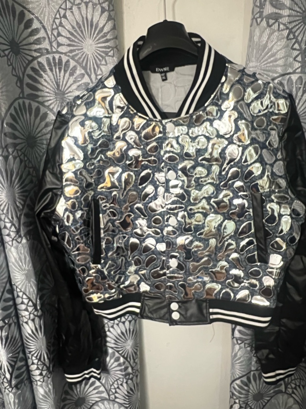 Silver Metallic Bomber Jacket with Black Trim